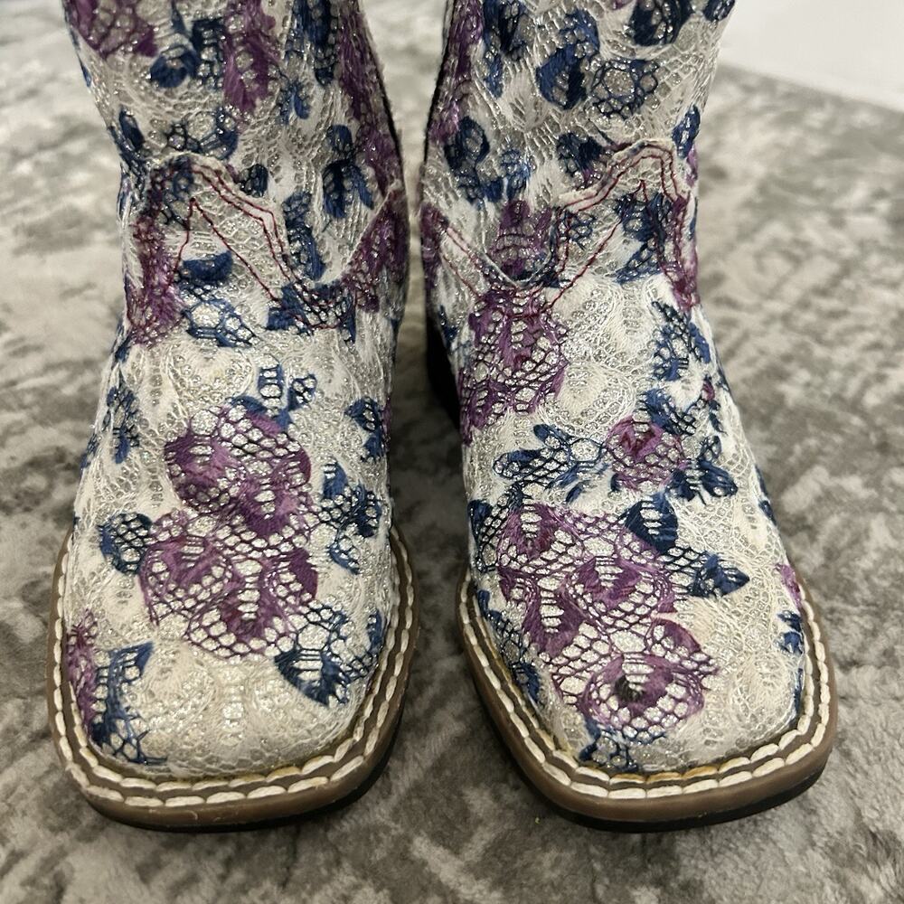 Old West Western Boots Girls Toddler Size 7.0-D Child Floral Sparkle Square Toe - Picture 8 of 12